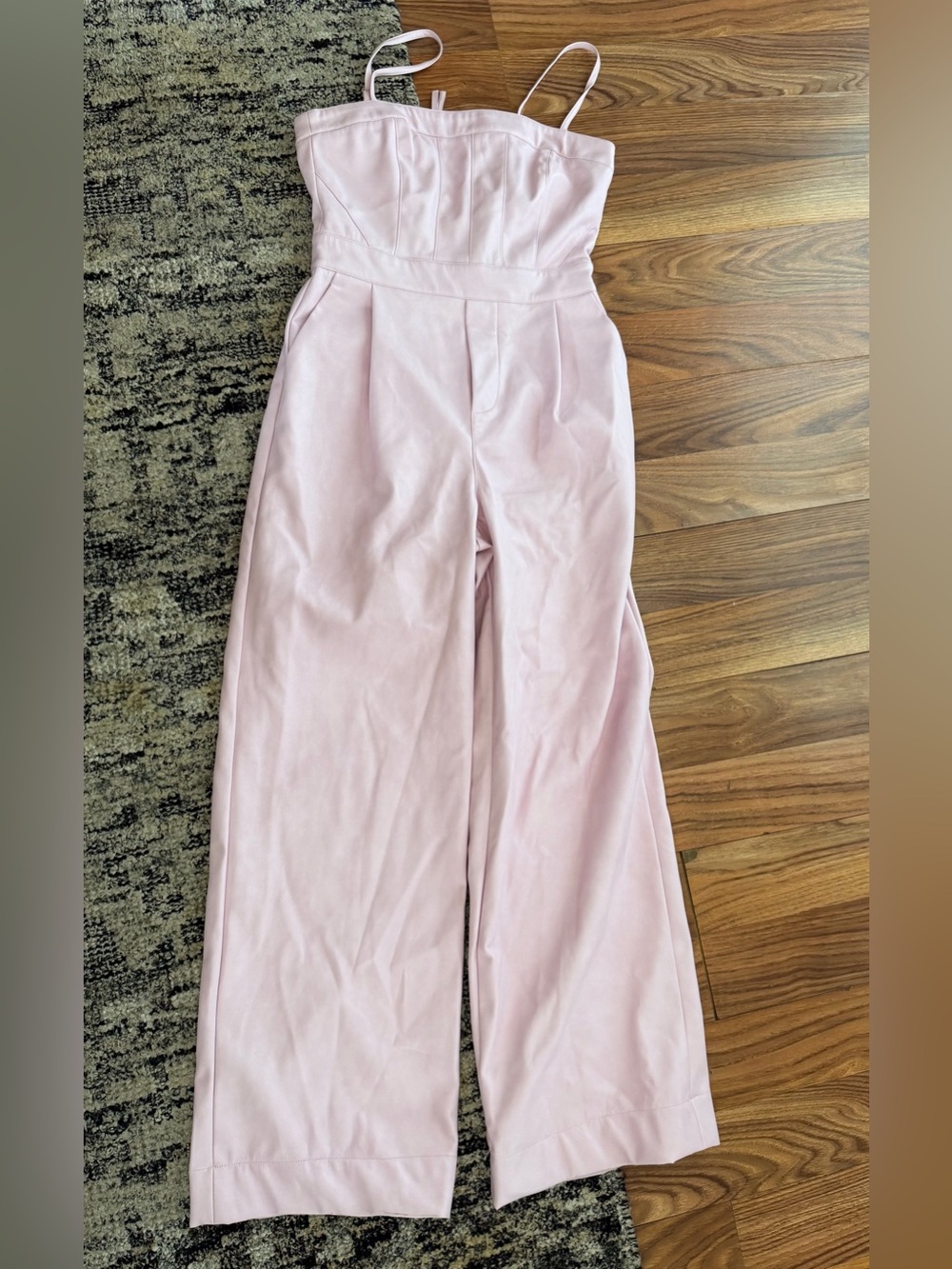 Avec Les Filles leather Strapless Wide-Leg Jumpsuit in Pale Pink